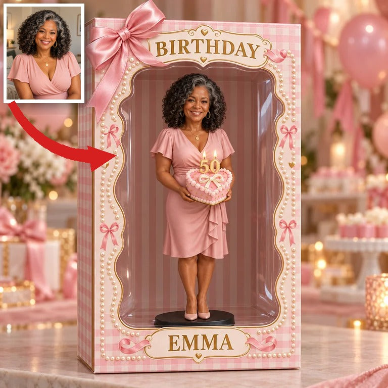 Personalized Custom Photo Pink Bow Figurine in Acrylic Display Box - 50th Birthday Gift for Women