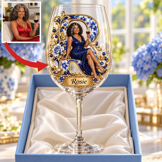 Personalized Custom Photo Blue Floral Wine Glass - Gift for Older Women