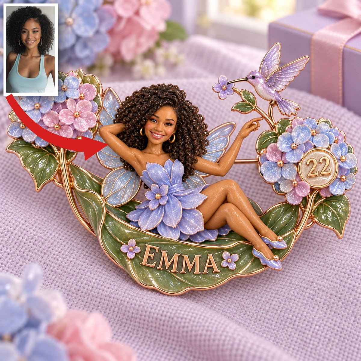 Personalized Hydrangea Hammock Dream Fairy Brooch - Birthday Gift with Custom Photo, Name and Age