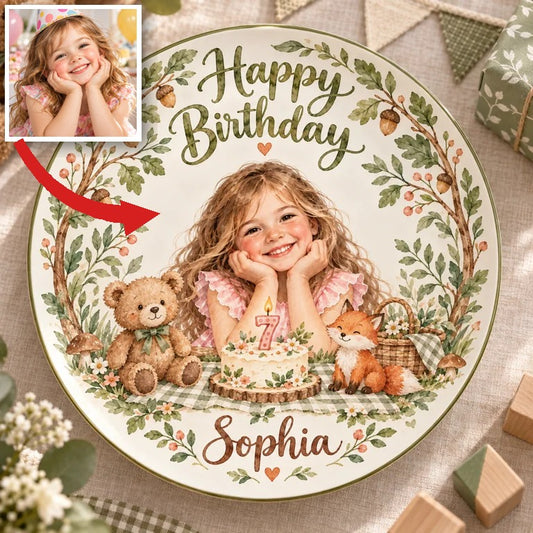 Personalized Birthday Ceramic Round Plate - Woodland Watercolor Portrait Gift