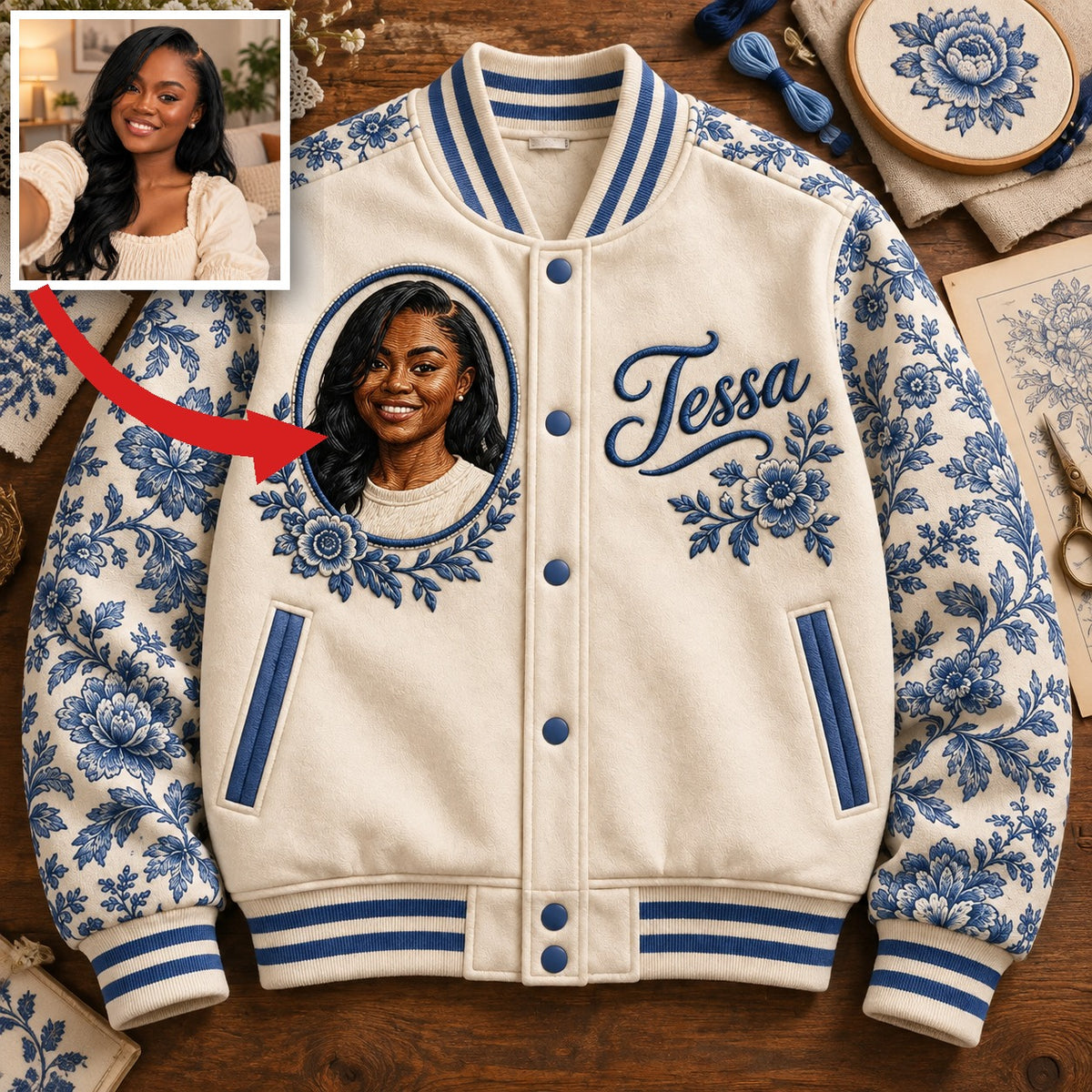 Personalized Botanical Varsity Jacket - Photo Portrait and Name, Modern Toile Style