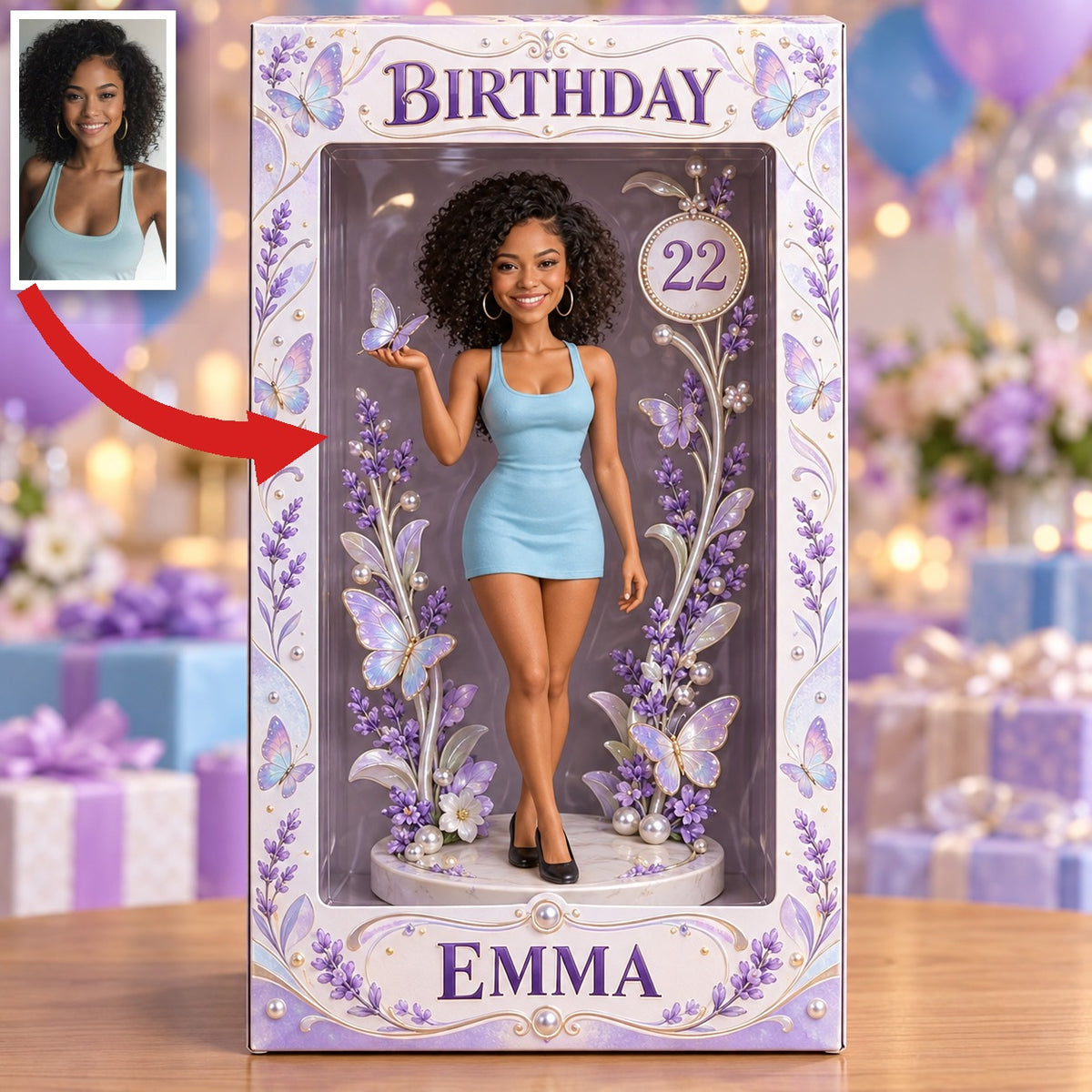 Personalized Birthday Display Box - Portrait Figurine with Lavender Butterfly, Name and Age