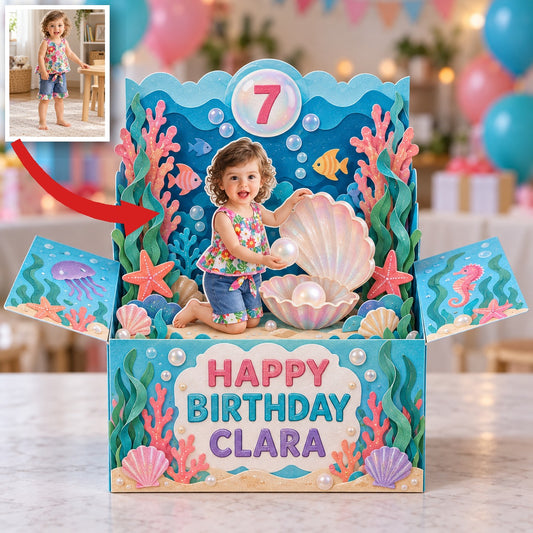 Personalized Undersea Pop-Up Box Card - Shell and Pearl Birthday Gift with Custom Photo, Name and Age