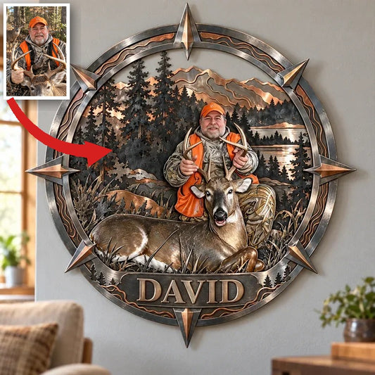 Personalized Custom Photo Deer Hunting 3D Metal Wall Art - Compass Frame Gift for Older Men