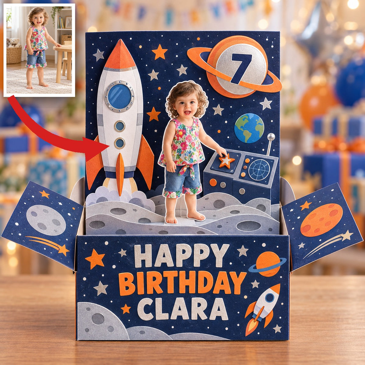 Personalized Space Rocket Pop-Up Box Card - Birthday Gift with Custom Photo, Name and Age