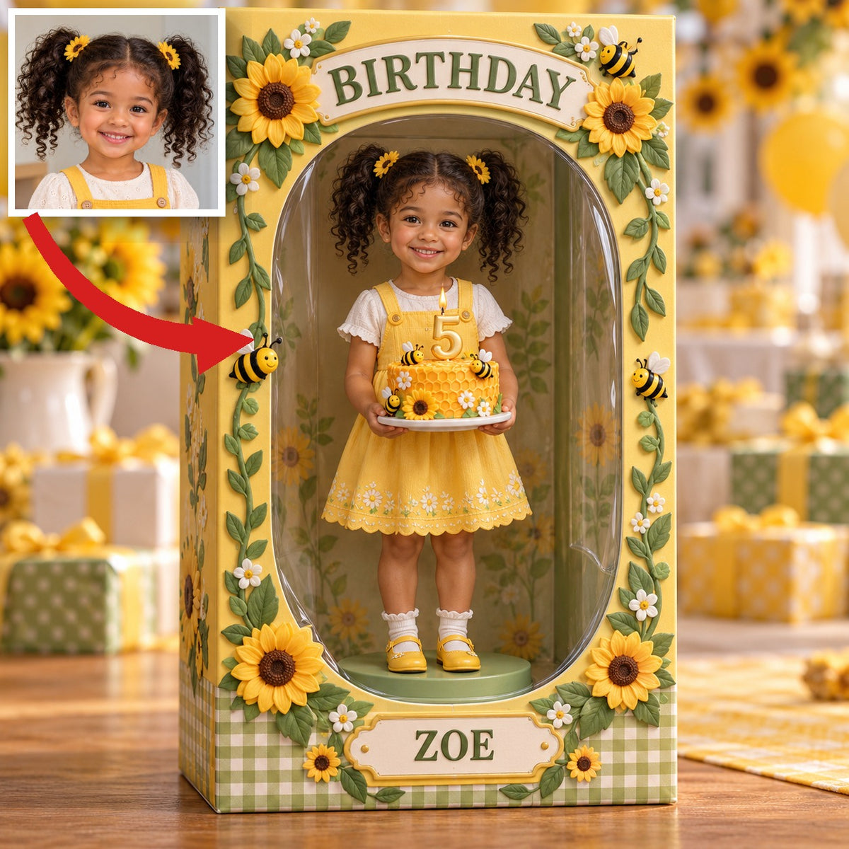 Personalized Custom Photo Sunflower Bee Acrylic Display Box - 5th Birthday Gift for Girls