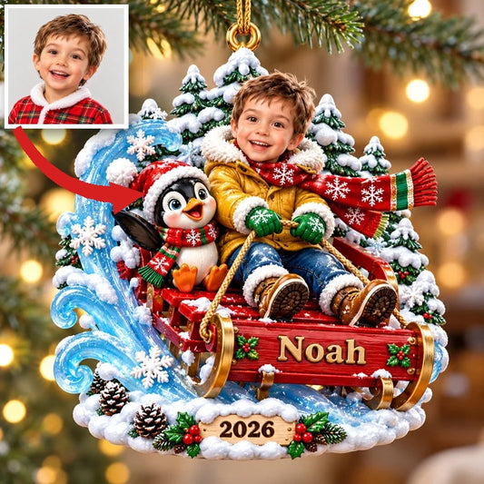 Personalized Custom Photo Sledding 3D Ornament - 2026 Christmas Gift for Boys