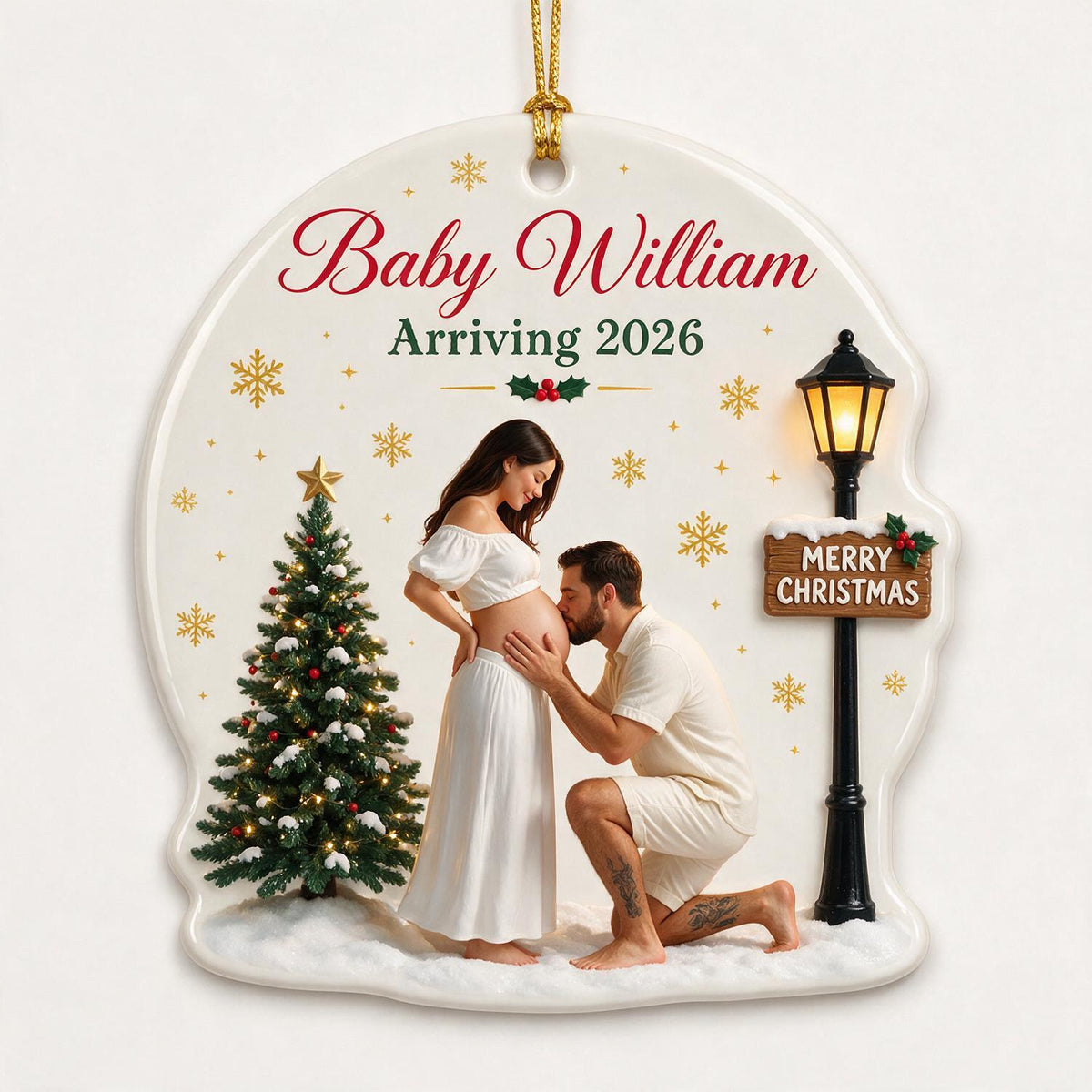 Custom Photo Christmas Expecting Couple Ceramic Ornament - New Baby Announcement, Expecting Parents Gift