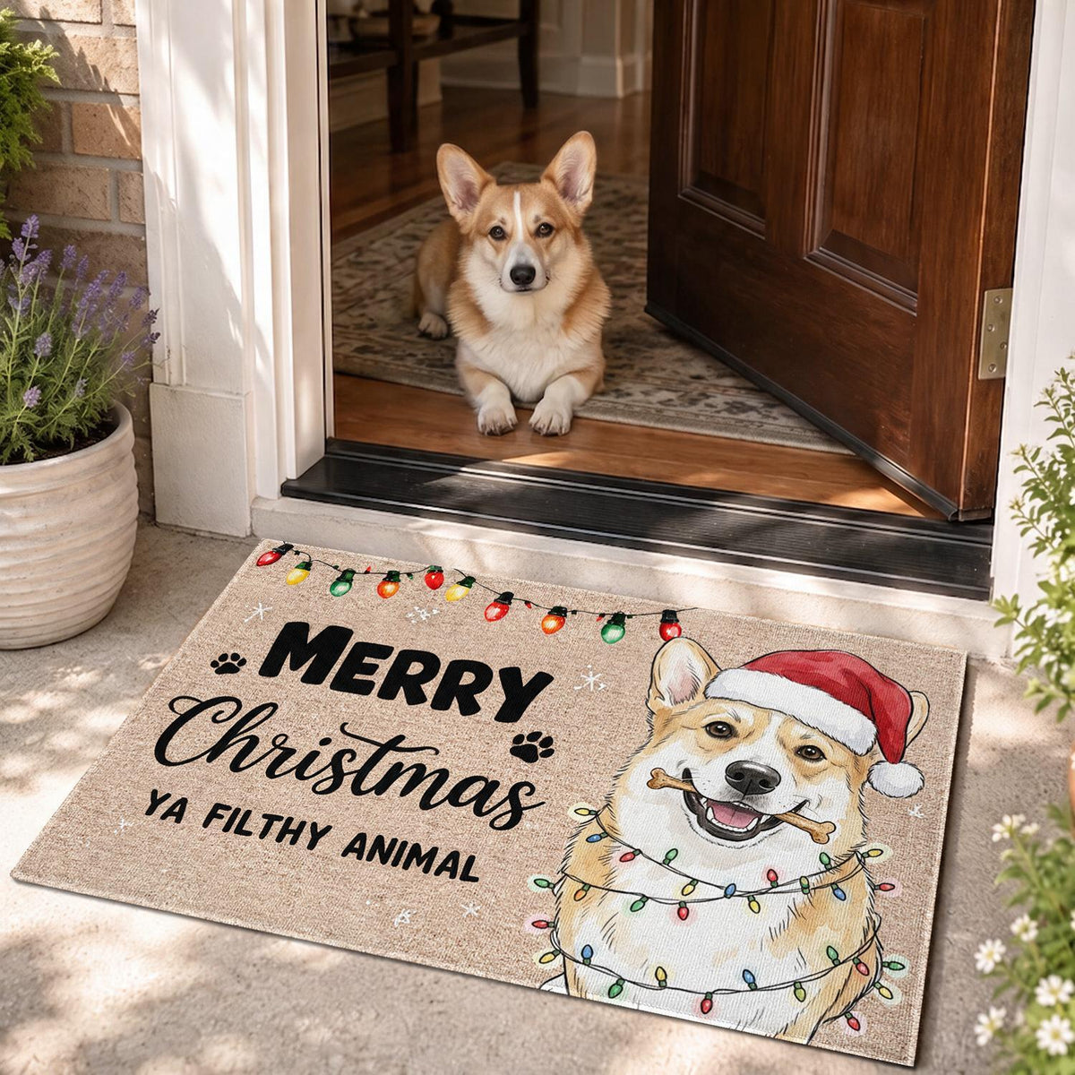 Custom Photo Christmas Smiling Corgi With Santa Hat Doormat, Merry Christmas Ya Filthy Animal