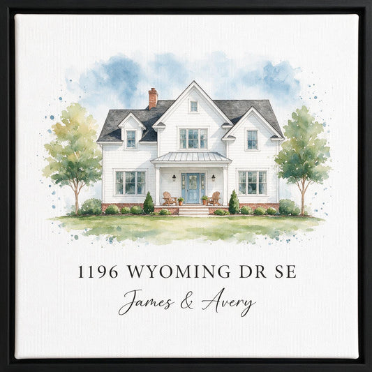 Personalized Housewarming Watercolor Home Portrait Canvas Wall Art, Custom Address First Home Gift