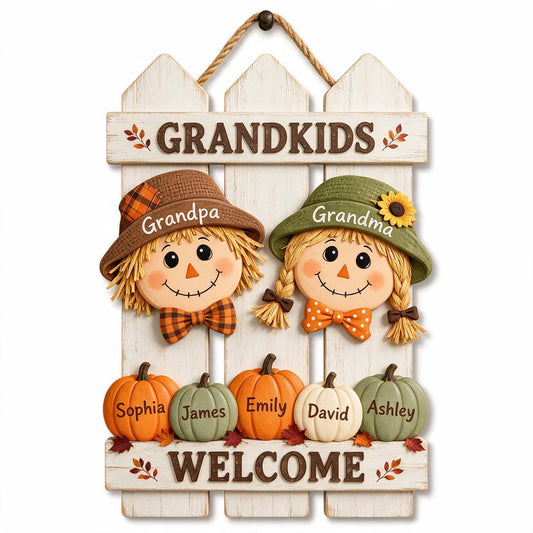 Personalized Fall Scarecrow Grandparents Welcome Wood Sign, Grandkids Gift