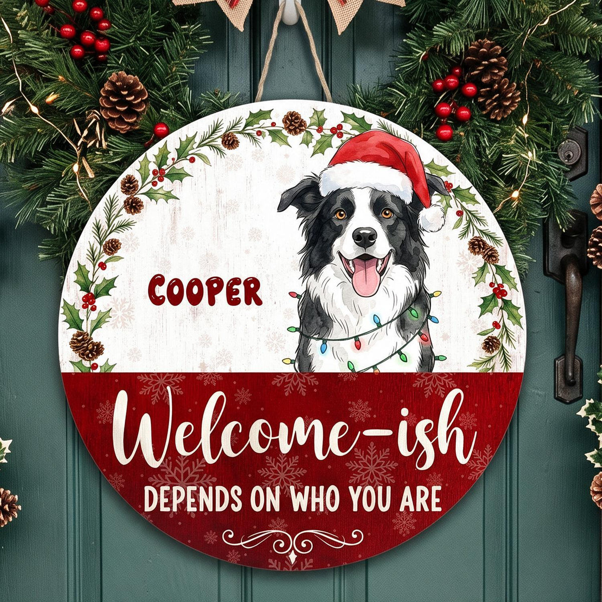 Personalized Christmas Border Collie Welcome-ish Round Wood Sign, Funny Dog Front Door Decor