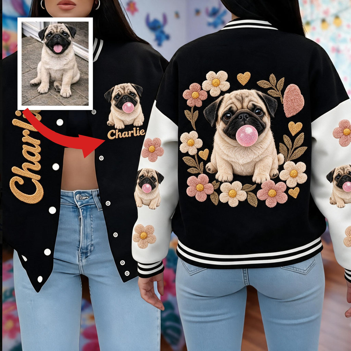 Personalized Fawn Pug Puppy Varsity Jacket Dog Lover Streetwear