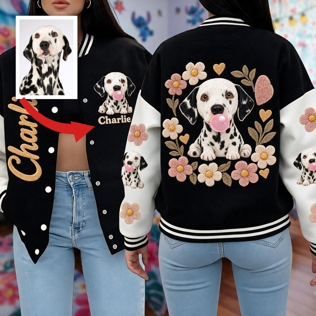 Personalized Black and White Spotted Dalmatian Varsity Jacket