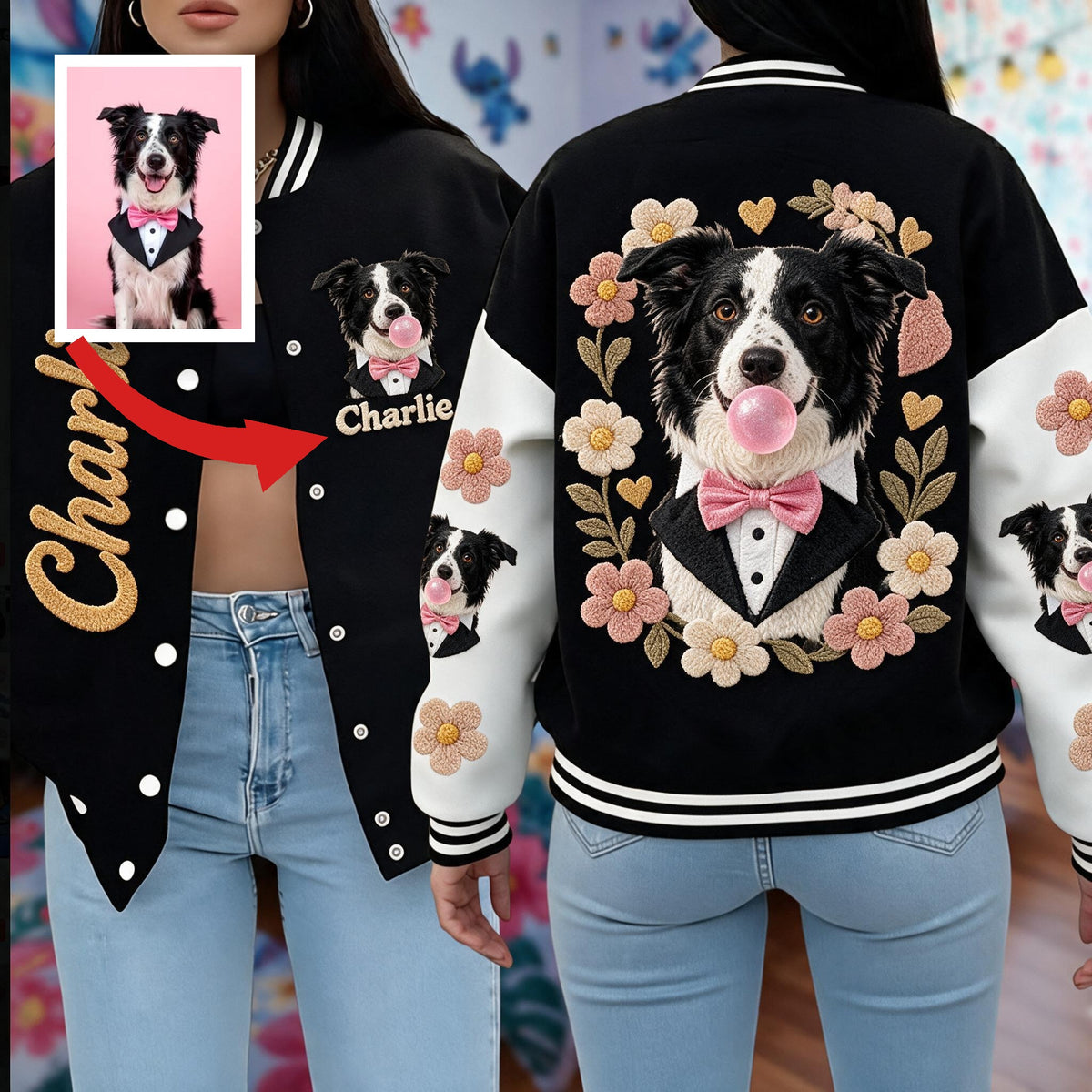 Personalized Black and White Border Collie Varsity Jacket Dog Lover Gift