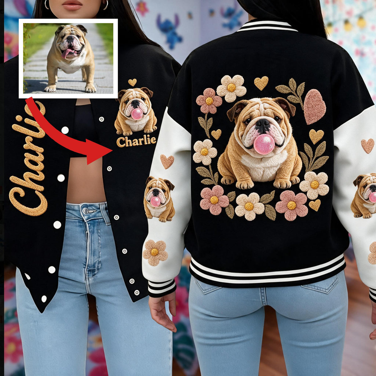 Personalized Fawn and White Adult Bulldog Varsity Jacket Dog Lover Gift