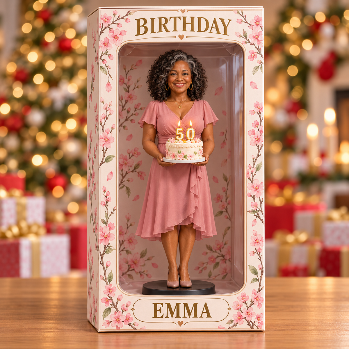 Personalized Custom Photo Cherry Blossom Figurine Display Box - 50th Birthday Gift for Women