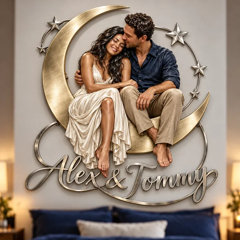 Personalized Custom Photo Moon and Stars Couple 3D Metal Wall Art - Bedroom Decor Gift for Young Couples