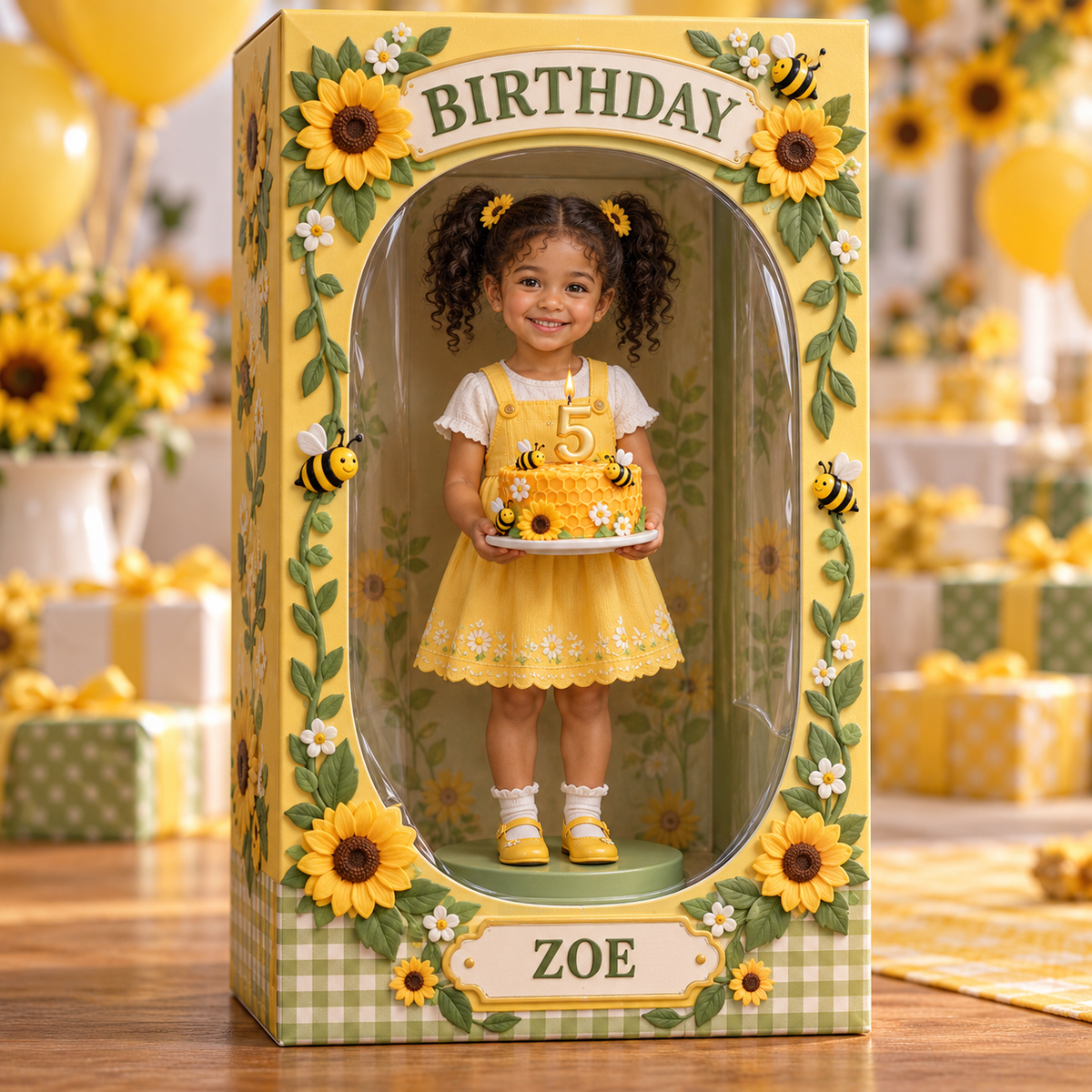 Personalized Custom Photo Sunflower Bee Acrylic Display Box - 5th Birthday Gift for Girls