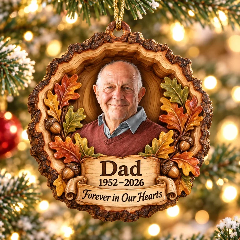 Personalized Custom Photo Dad Memorial Oak Leaf Layered Wood Ornament - Christmas Remembrance Keepsake