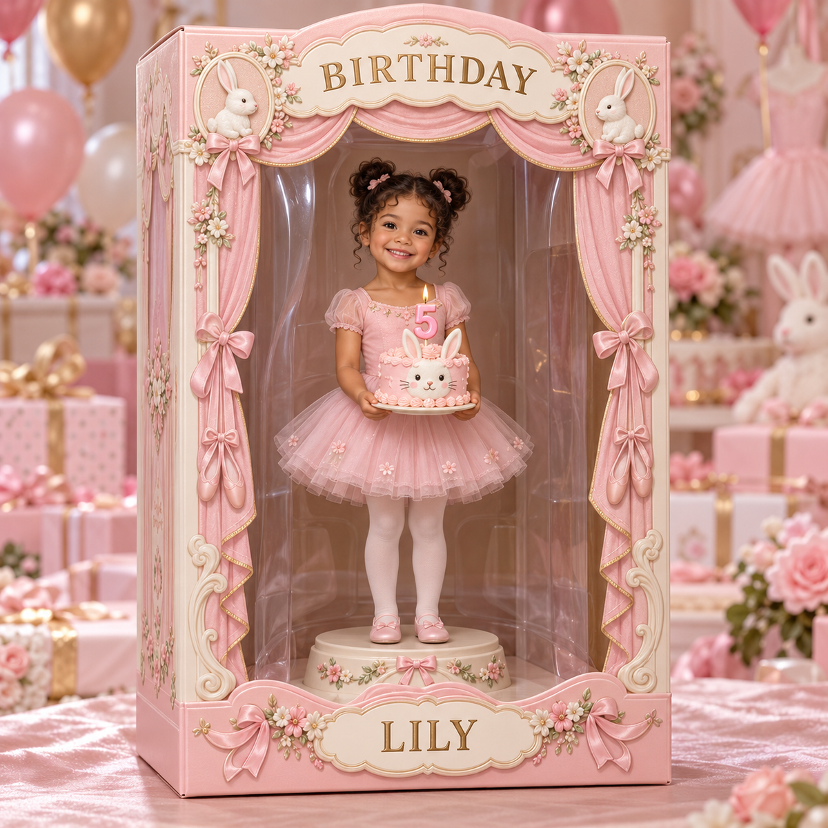 Personalized Custom Photo Bunny Acrylic Display Box - 5th Birthday Gift for Girls