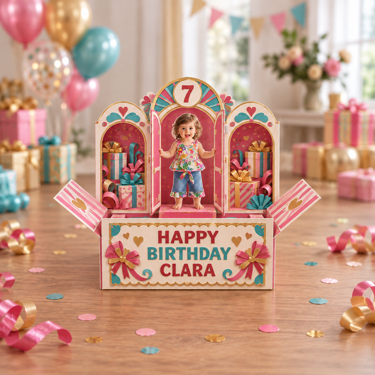Personalized Birthday Pop Up Box Card - Arched Windows with Custom Photo, Name and Age