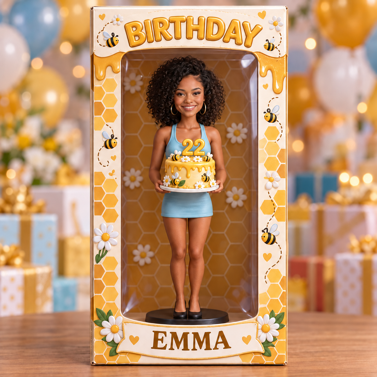Personalized Birthday Display Box - Portrait Figurine, Bee Cake, Name and Age