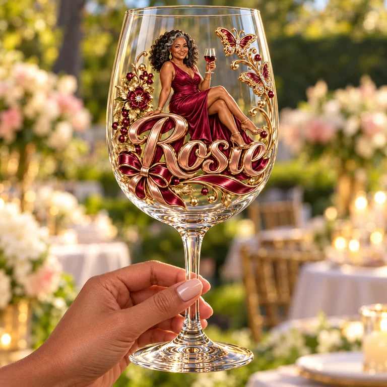 Personalized Custom Photo Floral Butterfly Wine Glass - Gift for Older Women