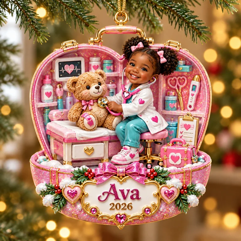Personalized Custom Photo Doctor and Teddy Bear 3D Ornament - 2026 Christmas Gift for Little Girls