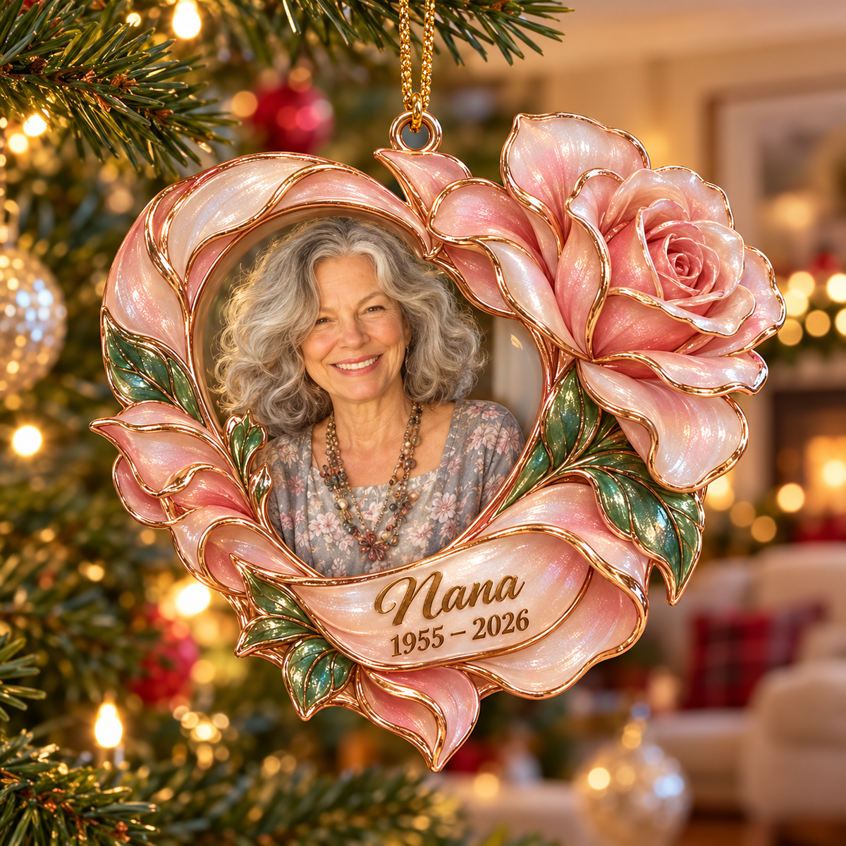Personalized Custom Photo Rose Heart Memorial Christmas Ornament - In Memory of Grandma