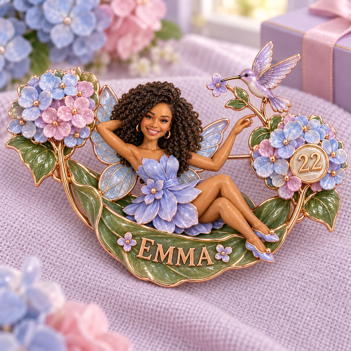 Personalized Hydrangea Hammock Dream Fairy Brooch - Birthday Gift with Custom Photo, Name and Age