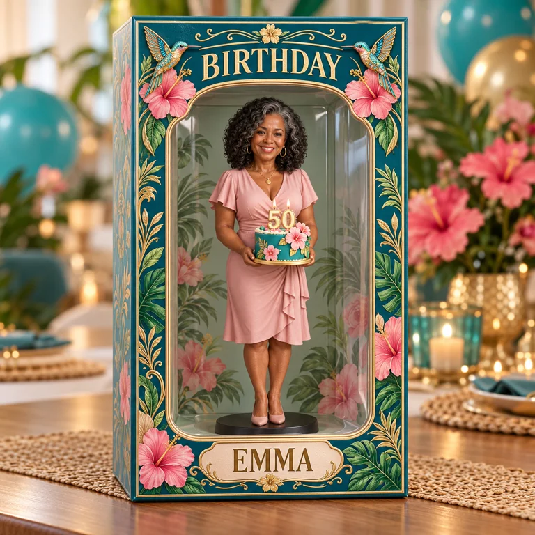 Personalized Custom Photo Tropical Hibiscus Figurine in Acrylic Display Box - 50th Birthday Gift for Women