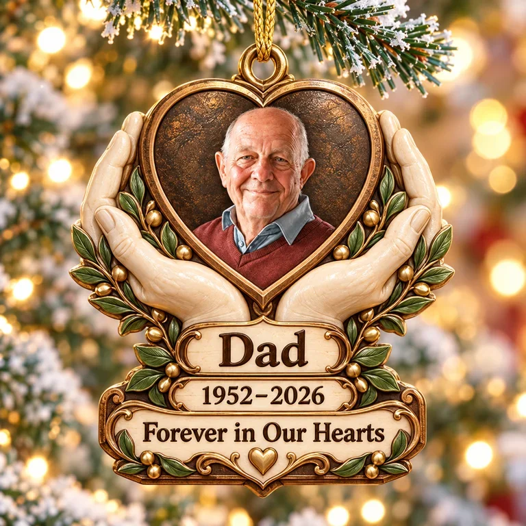 Personalized Custom Photo Dad Memorial Hands Holding Heart 3D Ornament - Christmas Remembrance Keepsake