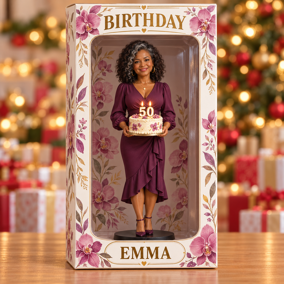 Personalized Custom Photo Orchid Figurine Display Box - 50th Birthday Gift for Women