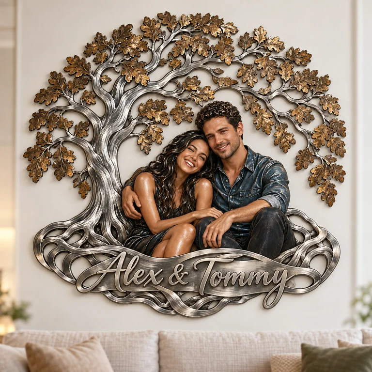 Personalized Custom Photo Tree of Love 3D Metal Wall Art - Gift for Couples