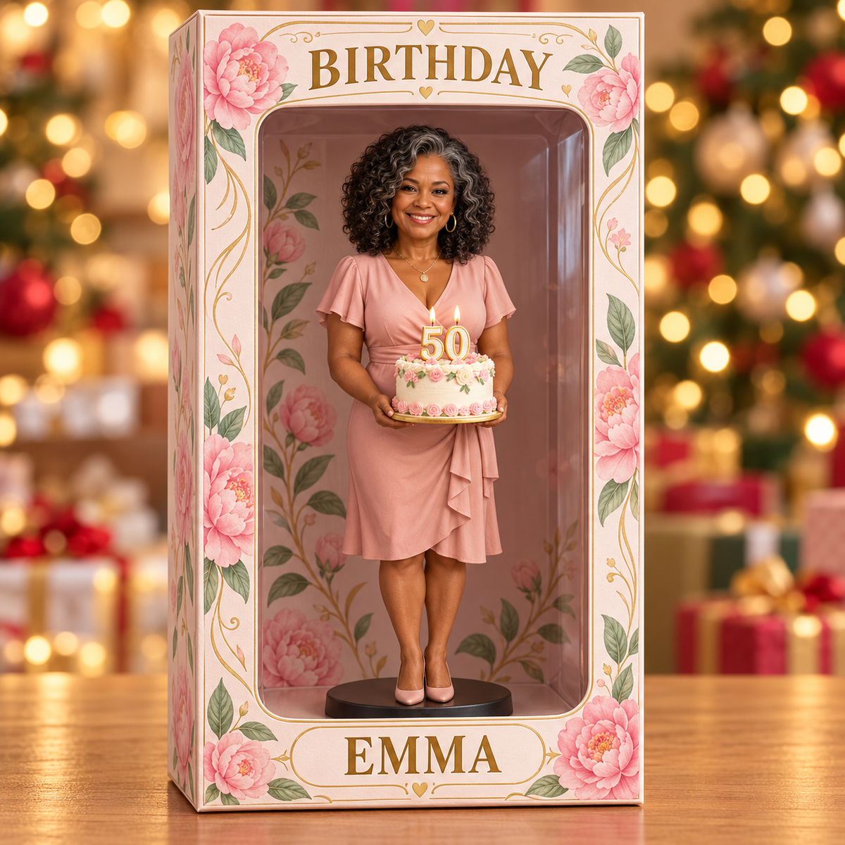 Personalized Custom Photo Pink Peony Figurine Display Box - 50th Birthday Gift for Women