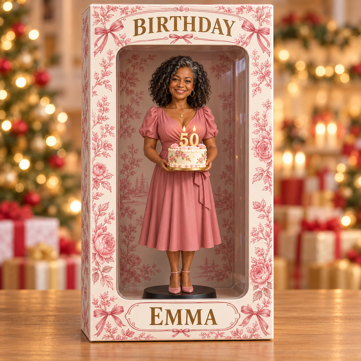 Personalized Custom Photo Pink Toile Figurine Display Box - 50th Birthday Gift for Women
