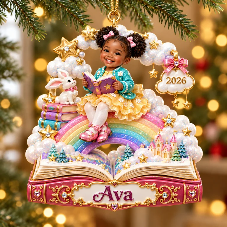 Personalized Custom Photo Rainbow Storybook 3D Ornament - 2026 Christmas Gift for Little Girls