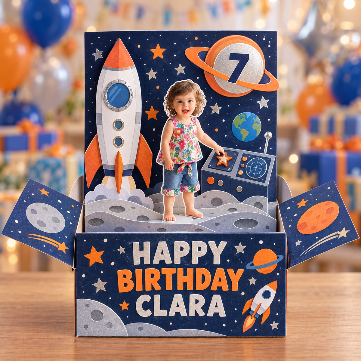 Personalized Space Rocket Pop-Up Box Card - Birthday Gift with Custom Photo, Name and Age