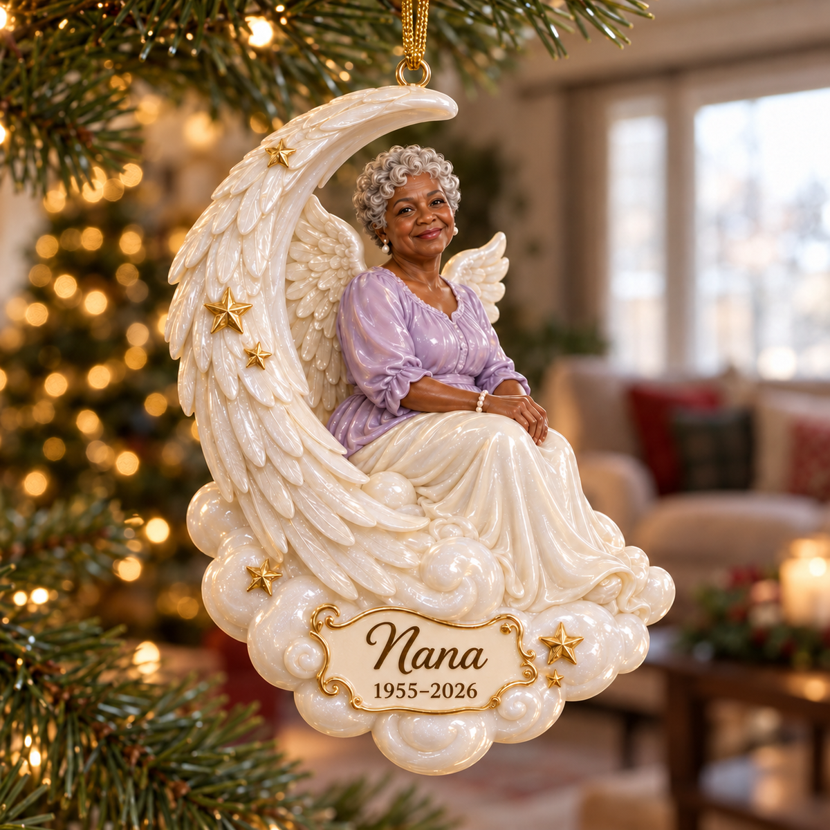 Personalized Custom Photo Crescent Moon Angel Memorial 3D Christmas Ornament - Grandmother Remembrance Keepsake