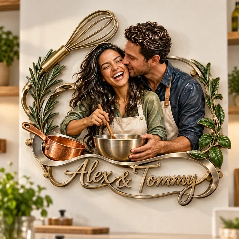 Personalized Custom Photo Cooking Couple 3D Metal Wall Art - Kitchen Decor Gift for Young Couples