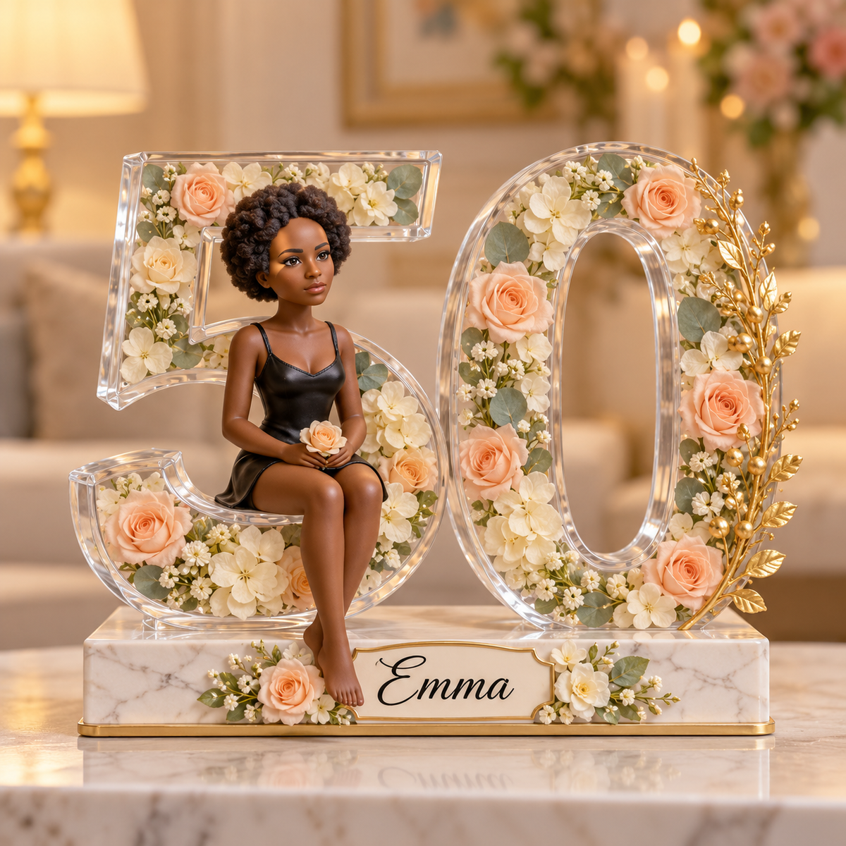 Personalized Custom Photo Floral Acrylic Number Figurine Display - 50th Birthday Gift for Women