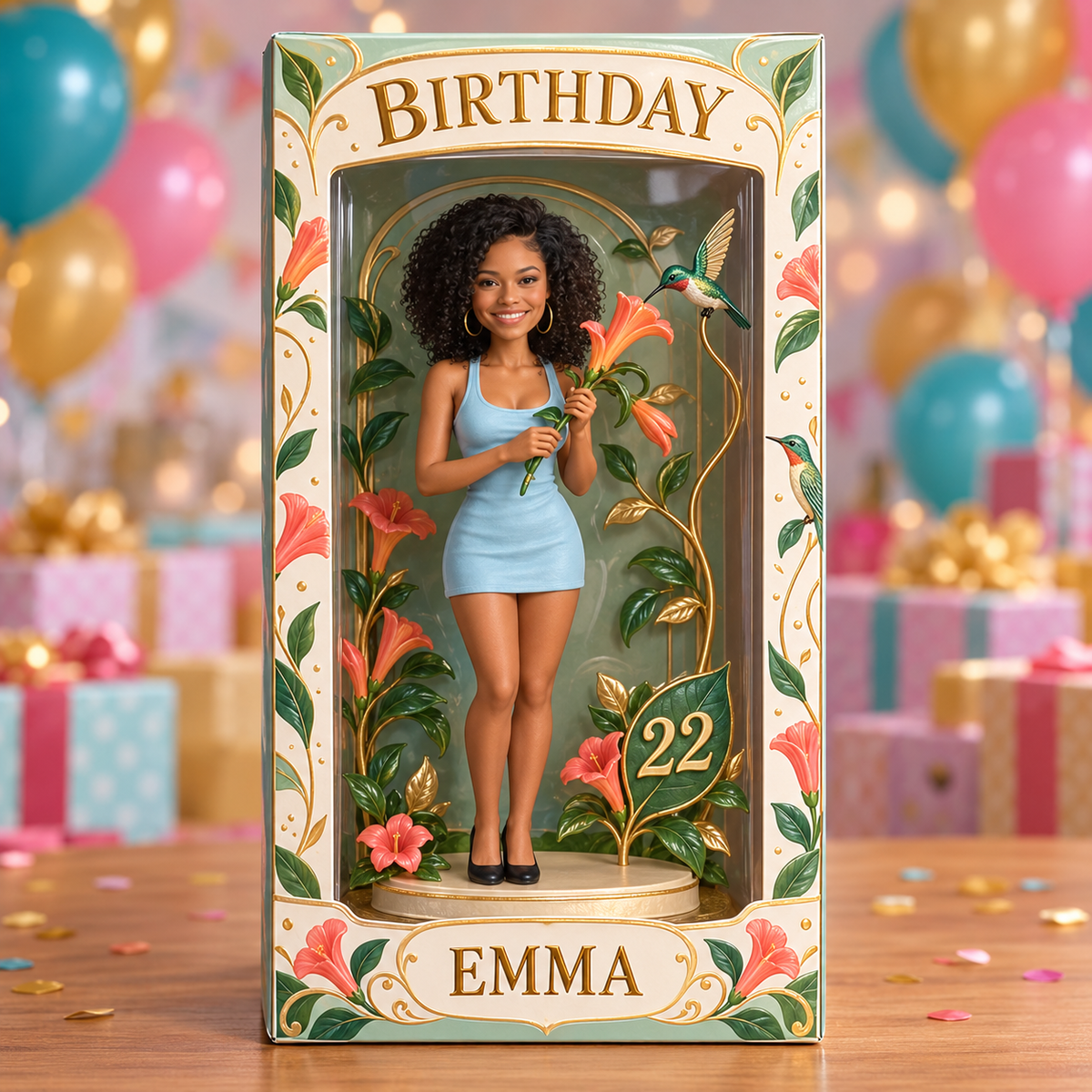 Personalized Birthday Display Box - Portrait Figurine with Hummingbird, Name and Age