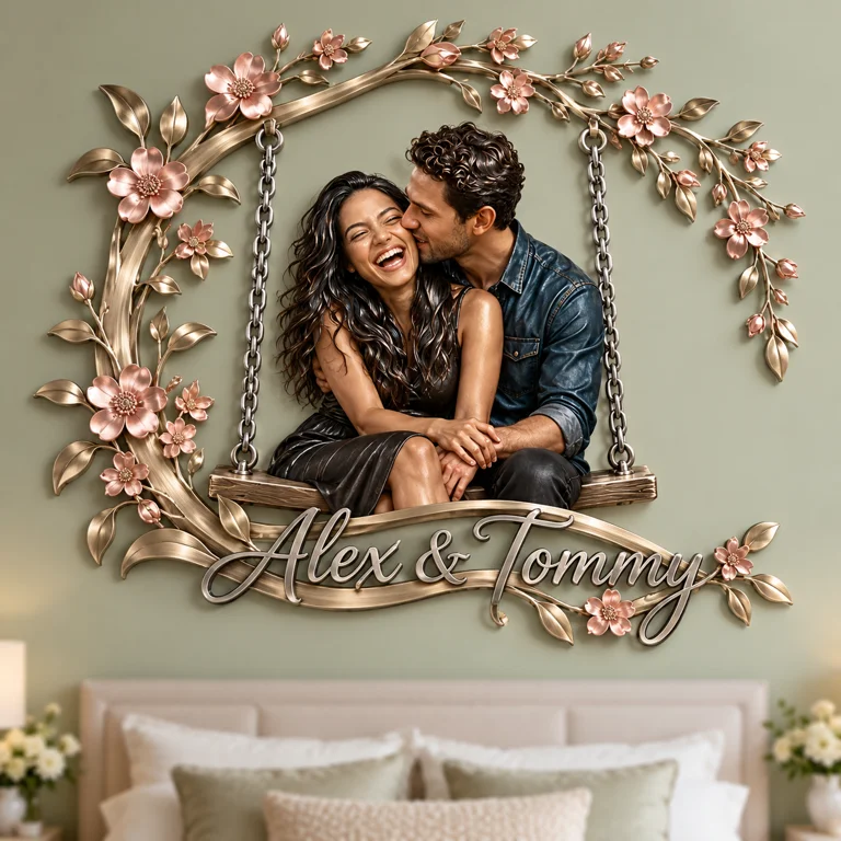 Personalized Custom Photo Floral Swing 3D Metal Wall Art - Gift for Couples