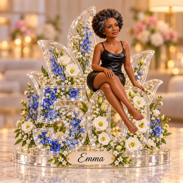 Personalized Custom Photo Blue Floral Custom Shaped Acrylic Plaque - 50th Birthday Gift for Women