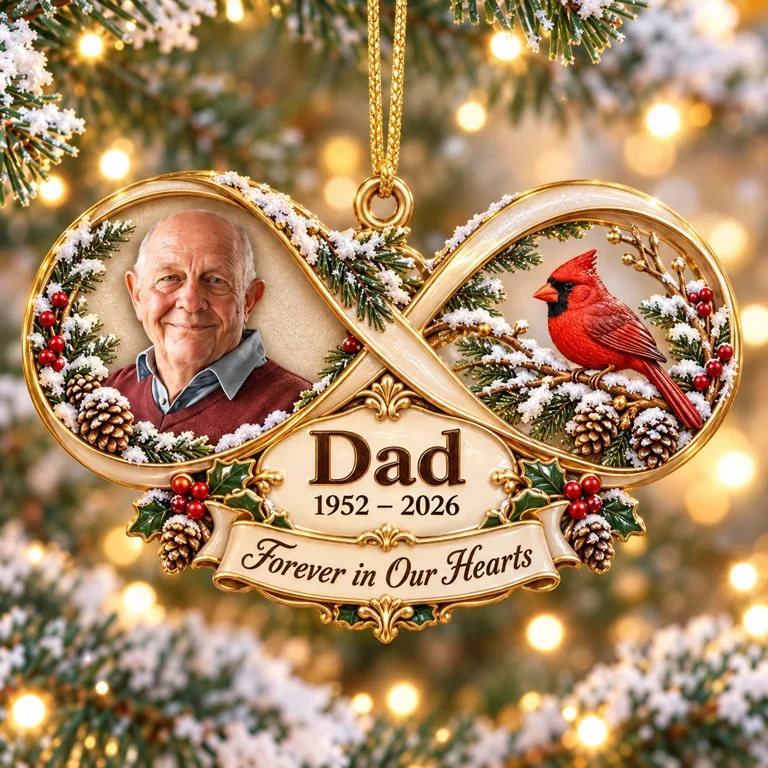 Personalized Custom Photo Dad Memorial Infinity Cardinal 3D Ornament - Christmas Remembrance Keepsake