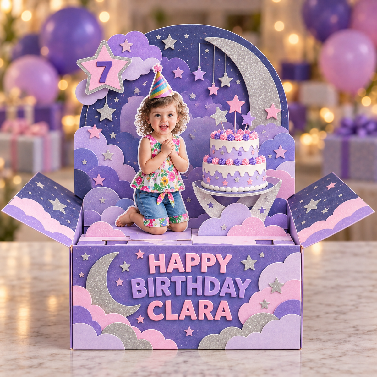 Personalized Moon and Stars Pop-Up Box Card - Birthday Cake with Custom Photo, Name and Age