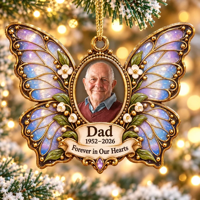 Personalized Custom Photo Dad Memorial Butterfly 3D Ornament - Christmas Remembrance Keepsake