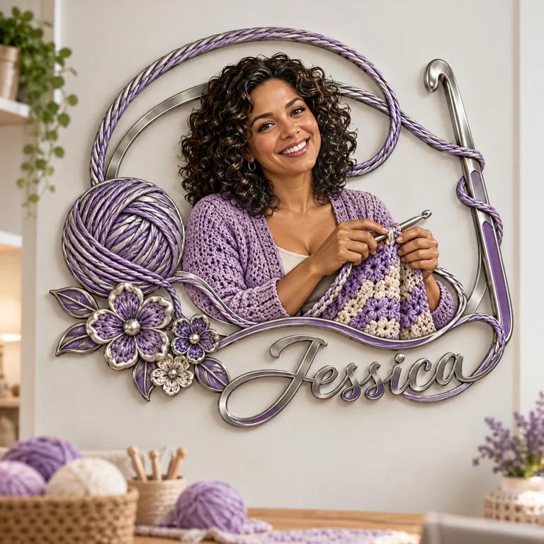 Personalized Custom Photo Crochet 3D Cut Metal Sign - Gift for Women