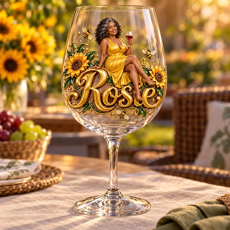 Personalized Custom Photo Sunflower Wine Glass - Gift for Older Women